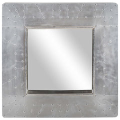 Square silver metal aviator mirror with rivet details, 19.7x19.7 inches.