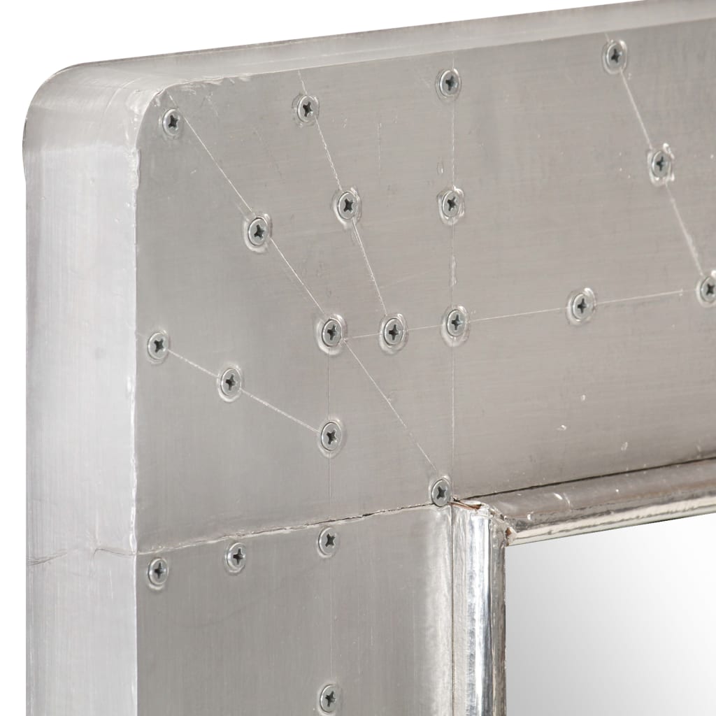 Square silver metal aviator mirror with exposed rivets, 19.7x19.7 inches.