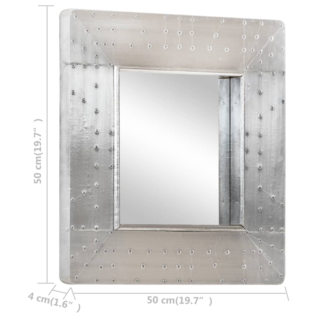Square silver metal aviator mirror with riveted frame, 19.7 x 19.7 inches.