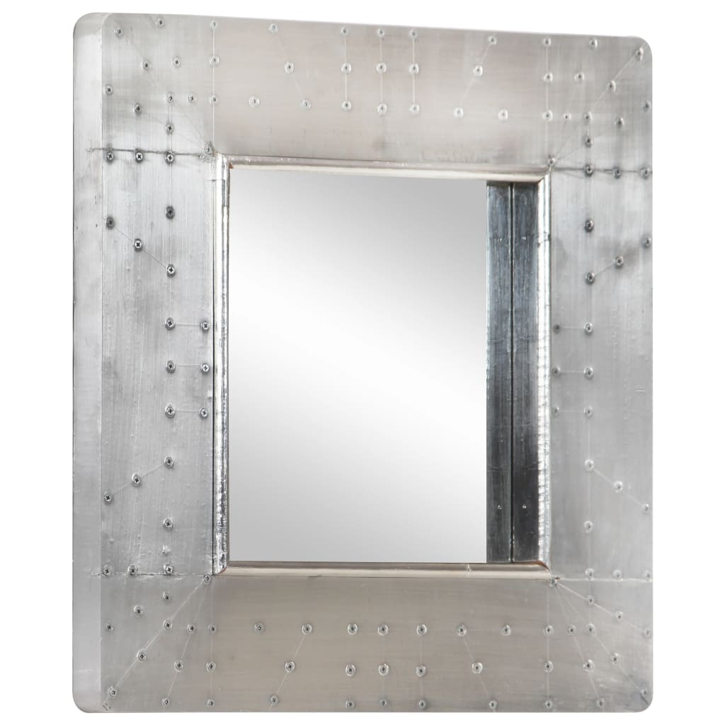 Silver metal aviator mirror with exposed screws and rounded corners.