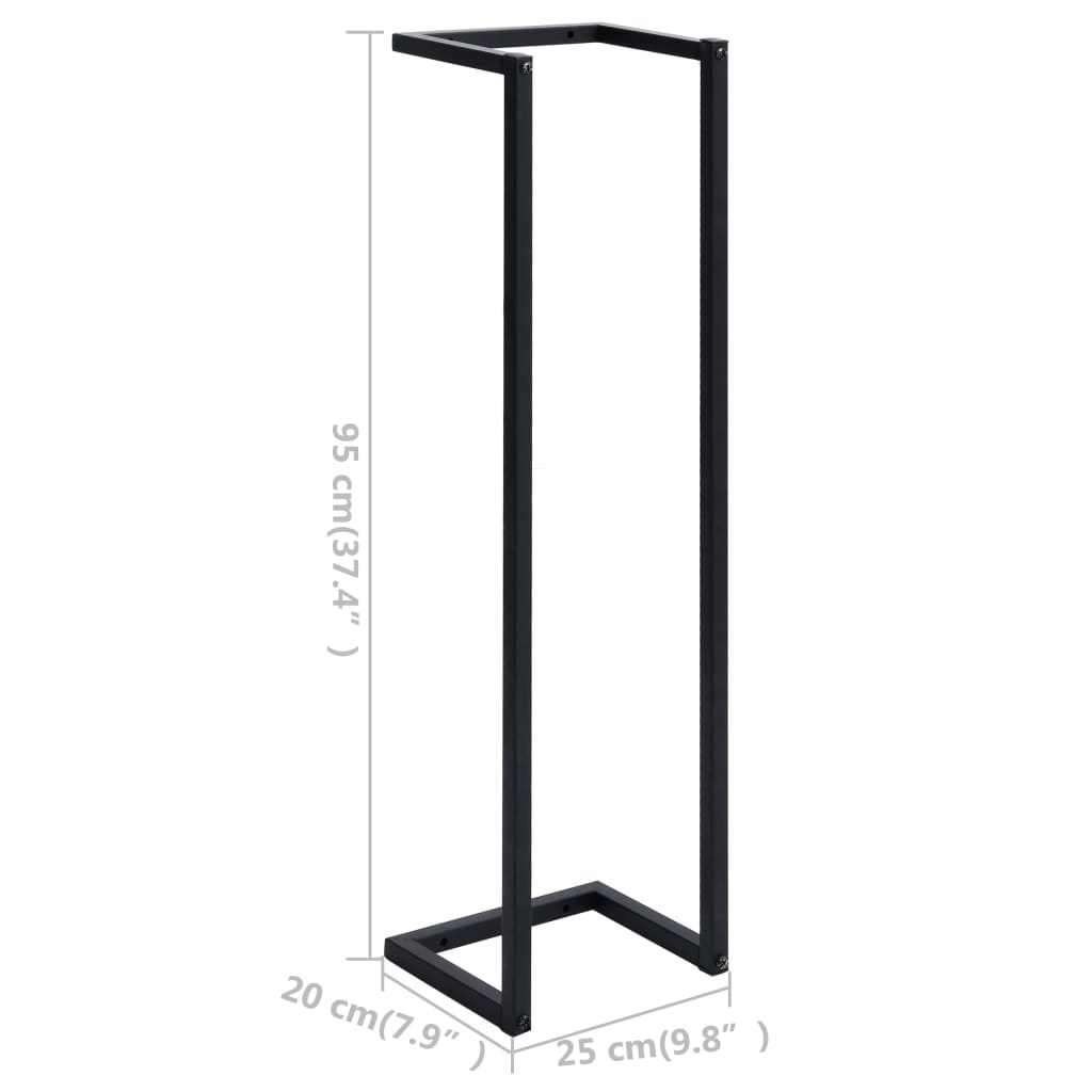 Black iron towel rack with dimensions 95 cm (37.4") high, 20 cm (7.9") wide, and 25 cm (9.8") deep.