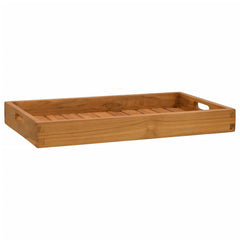 Solid teak wood serving tray measuring 23.6 by 13.8 inches with handles and raised edges.