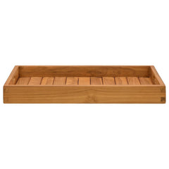 Rectangular solid teak wood serving tray with handles and slatted base.