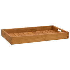 Solid teak wood serving tray, 23.6x13.8 inches, with slatted surface and recessed handles.