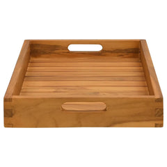 Solid teak wood serving tray measuring 23.6 by 13.8 inches with recessed handles and slatted base.