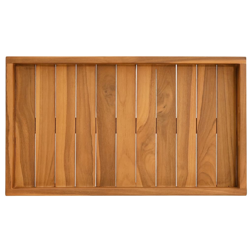 Solid teak wood serving tray, 23.6 by 13.8 inches, with handles and slatted surface.