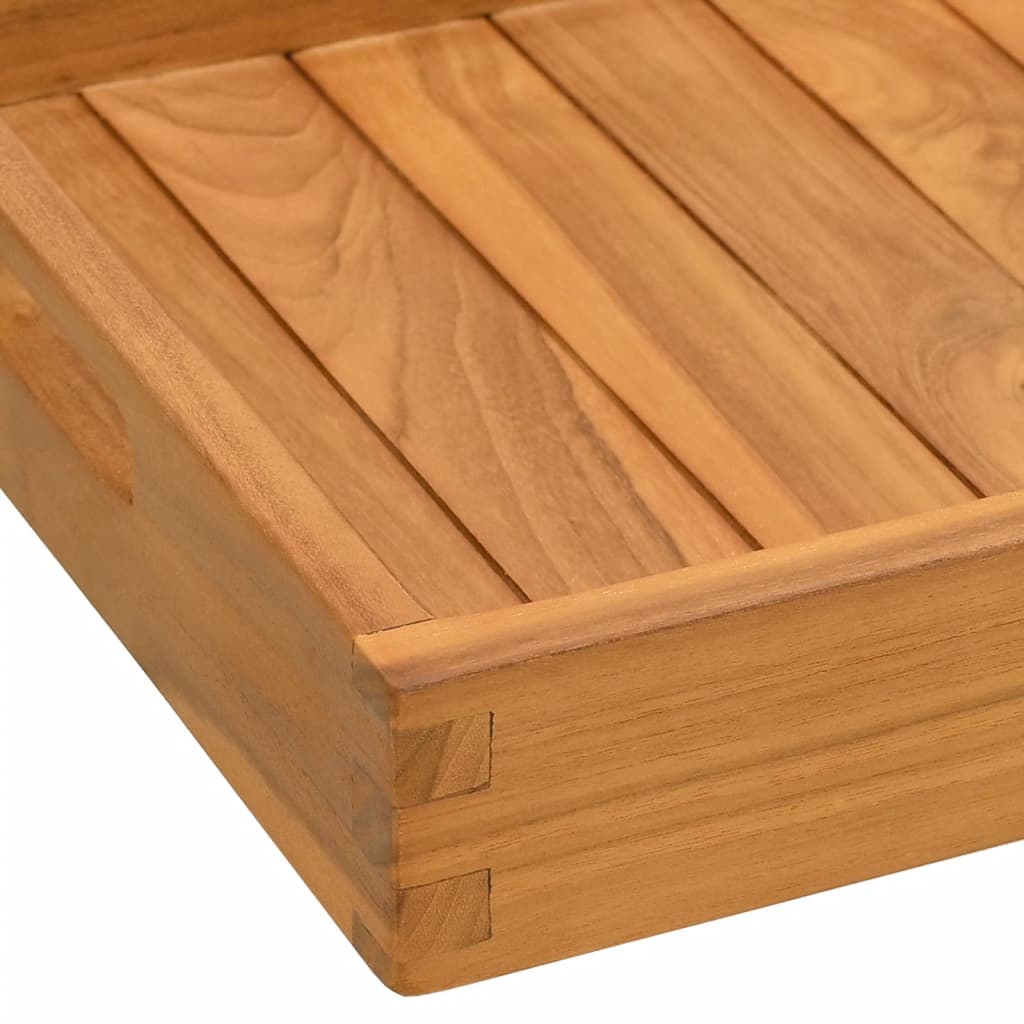Solid teak wood serving tray, 23.6x13.8 inches, with recessed handles and raised edges.