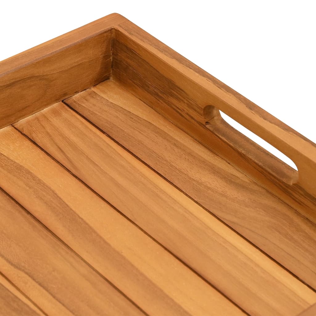 Solid teak wood serving tray, 23.6 by 13.8 inches, with recessed handles and raised edges.
