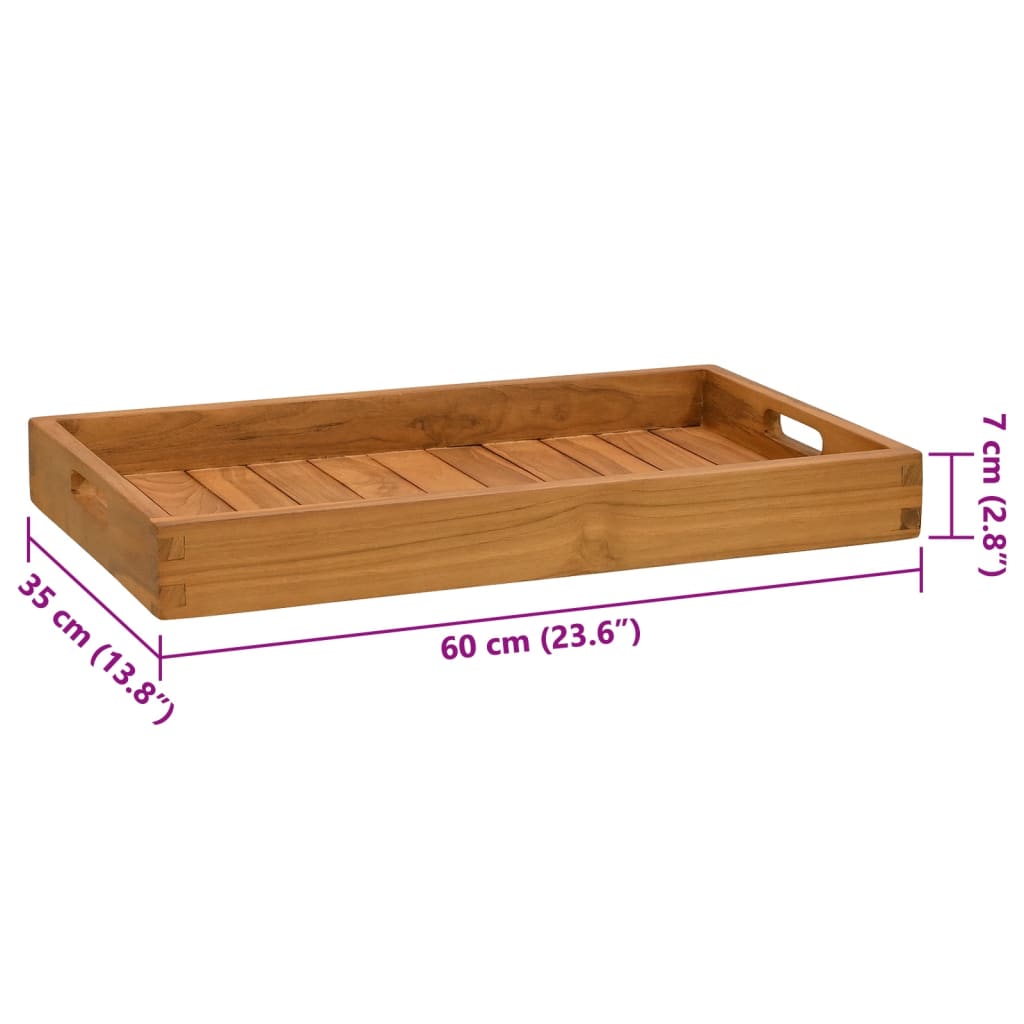 A rectangular solid teak wood serving tray with handles, measuring 60x35x7 cm.