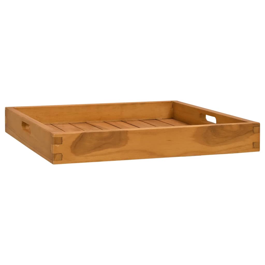 Square solid teak wood serving tray, 19.7x19.7 inches, with slatted base and recessed handles.
