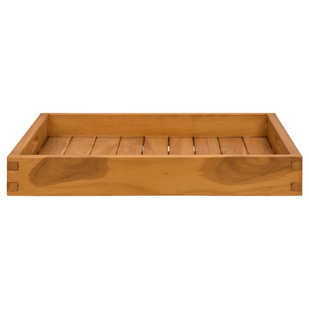 A square solid teak wood serving tray with slatted bottom and dovetail joints.
