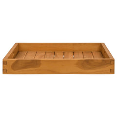A square solid teak wood serving tray with slatted bottom and dovetail joints.