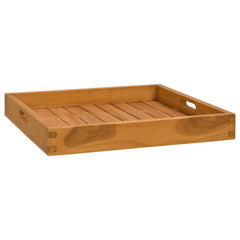 Square solid teak wood serving tray, 19.7x19.7 inches, with slatted surface and recessed handles.