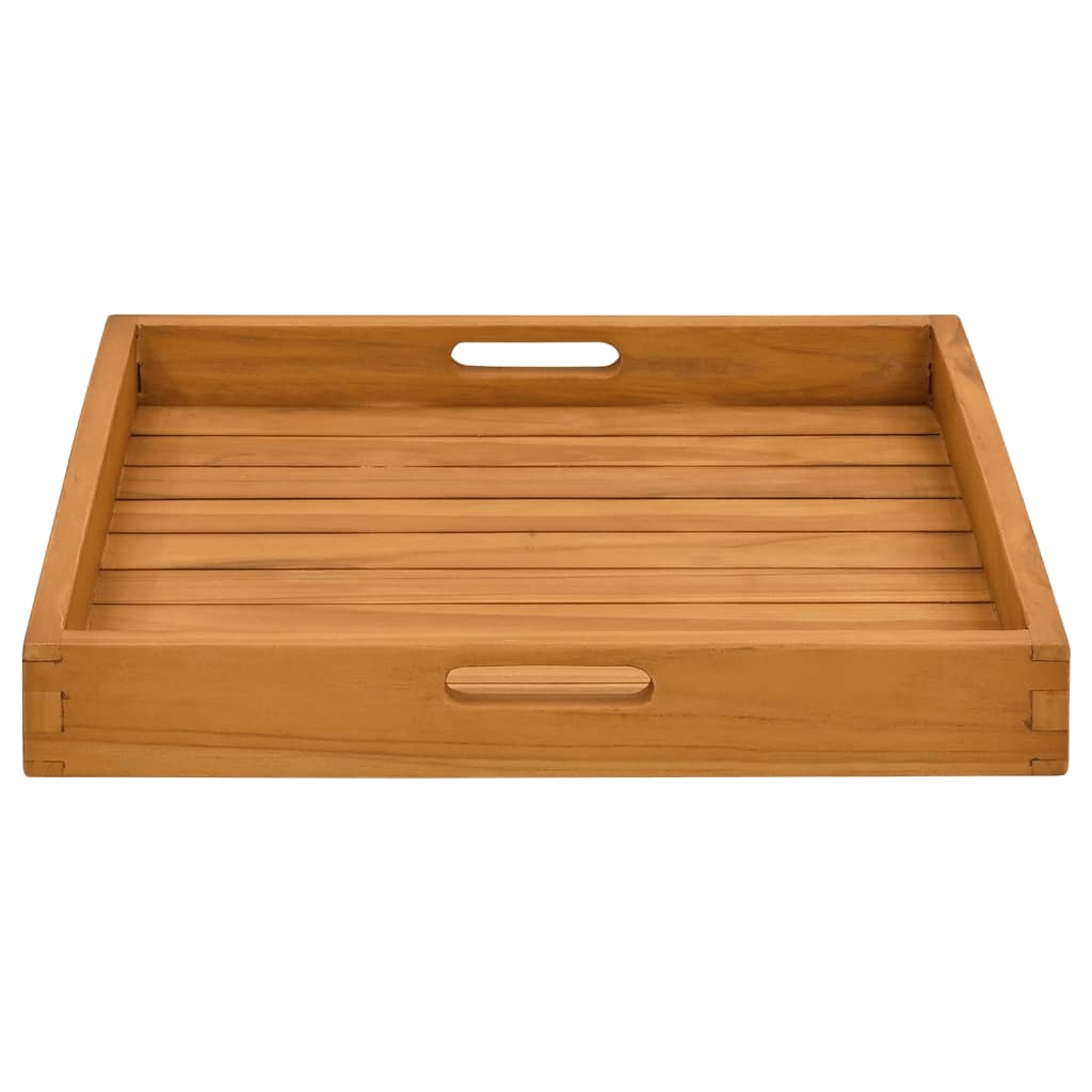 Square solid teak wood serving tray, 19.7x19.7 inches, with slatted surface and cutout handles.