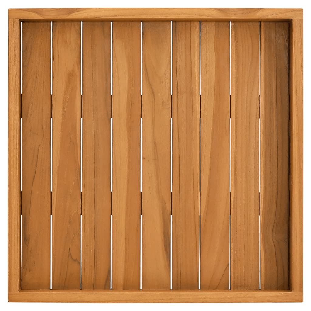 Square solid teak wood serving tray with slatted surface and raised edges, 19.7x19.7 inches.