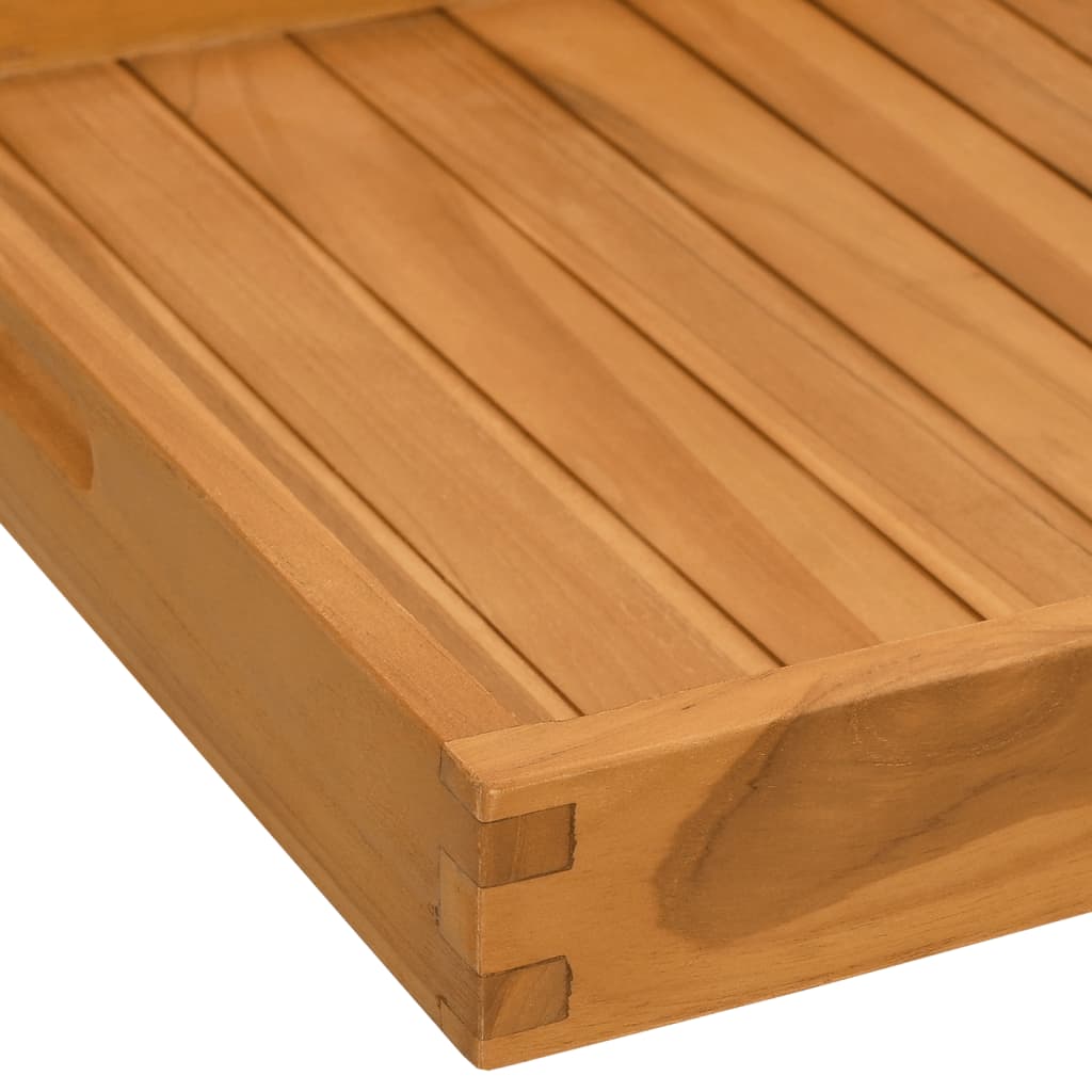 Square solid teak wood serving tray with slatted surface, raised edges, and recessed handles, 19.7x19.7 inches.