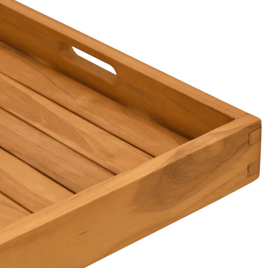 Square solid teak wood serving tray with recessed handles, 19.7x19.7 inches.