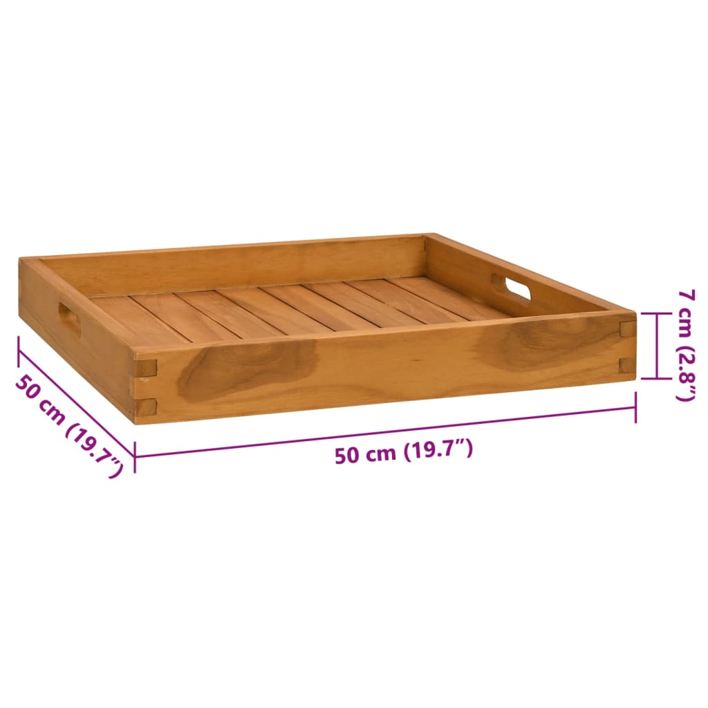 Square solid teak wood serving tray, 19.7 x 19.7 inches, with slatted base and cutout handles.