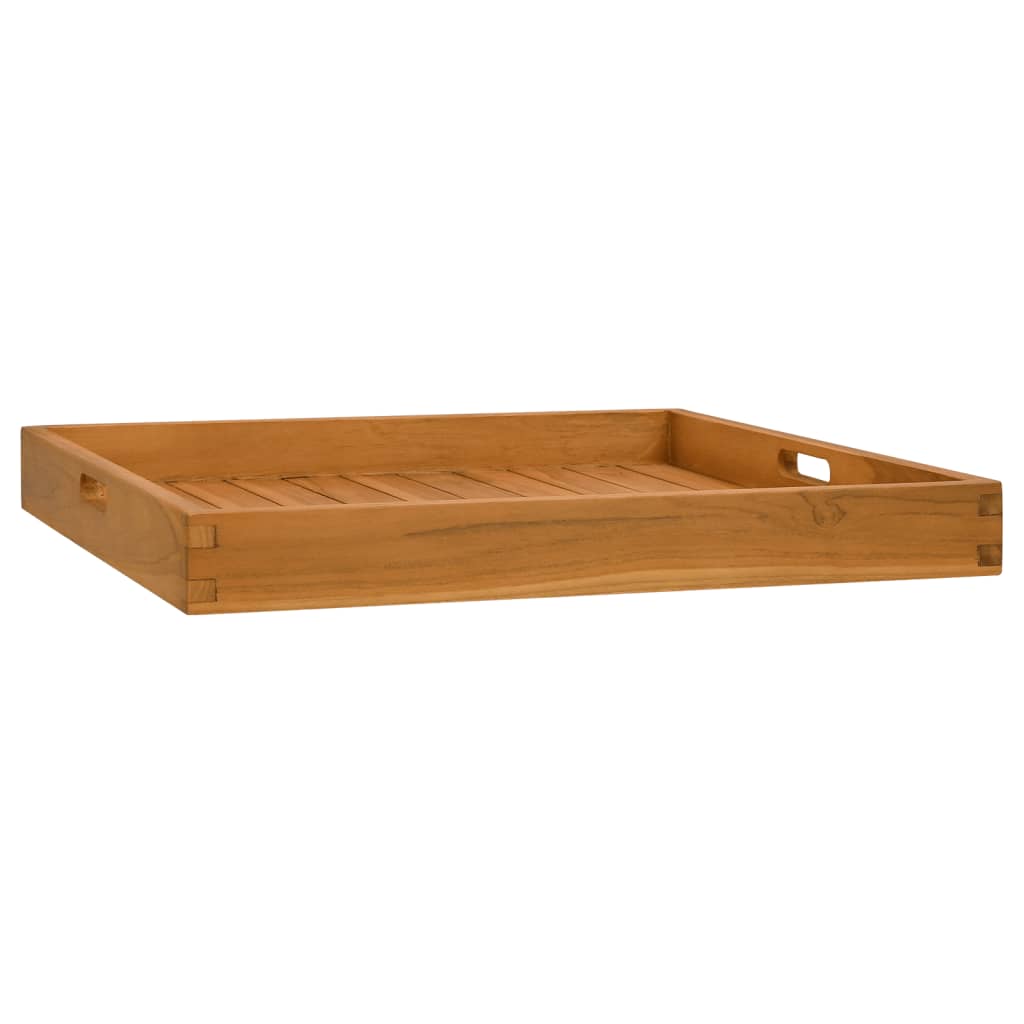 Square solid teak wood serving tray with slatted surface and cutout handles, 23.6x23.6 inches.