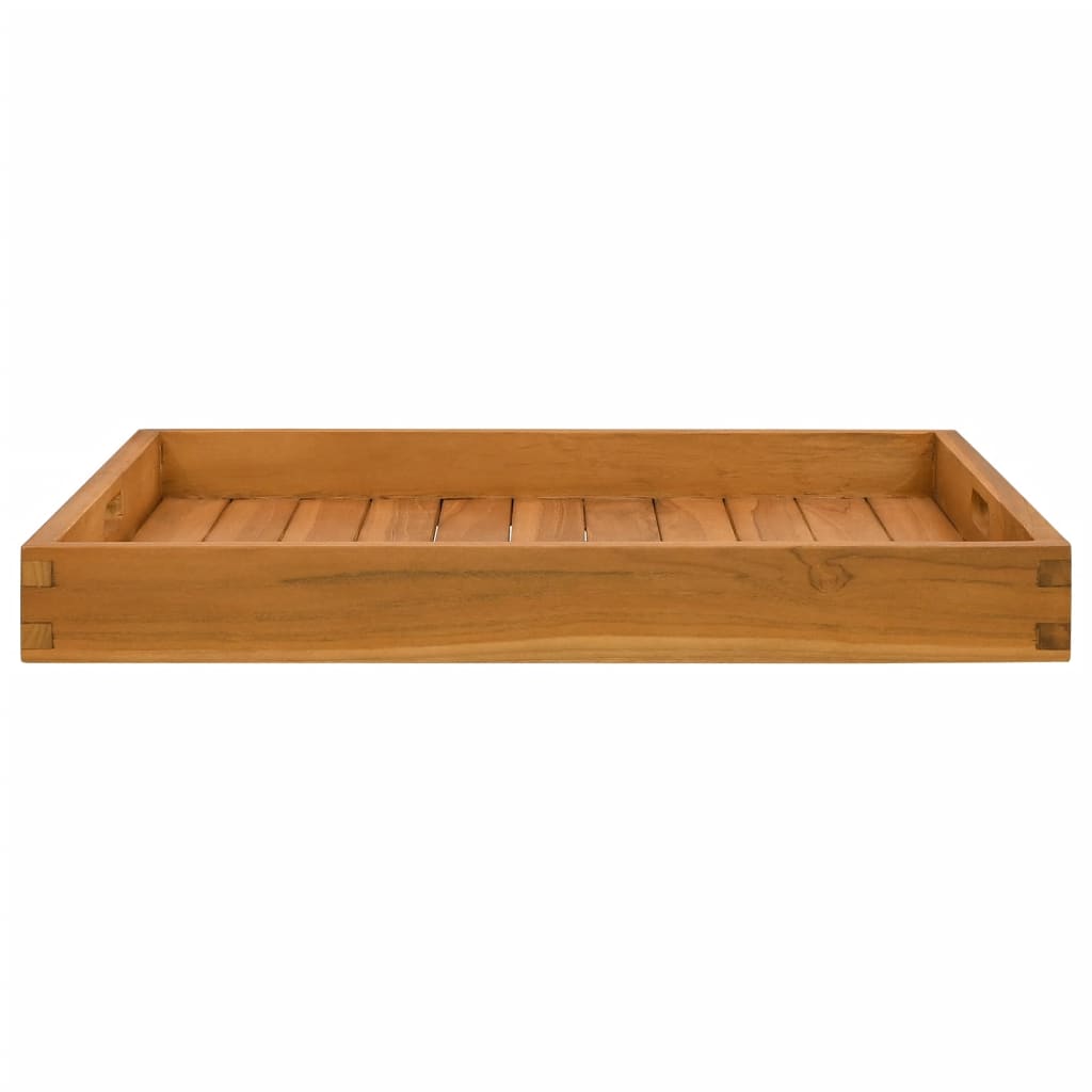 Square solid teak wood serving tray, 23.6x23.6 inches, with slatted surface and raised edges.