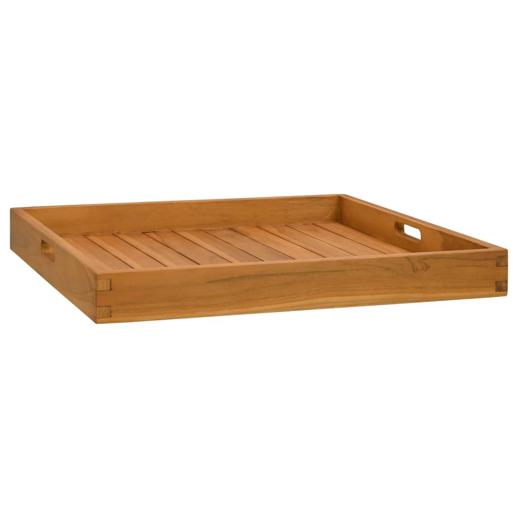 Square solid teak wood serving tray, 23.6x23.6 inches, with slatted base and cutout handles.