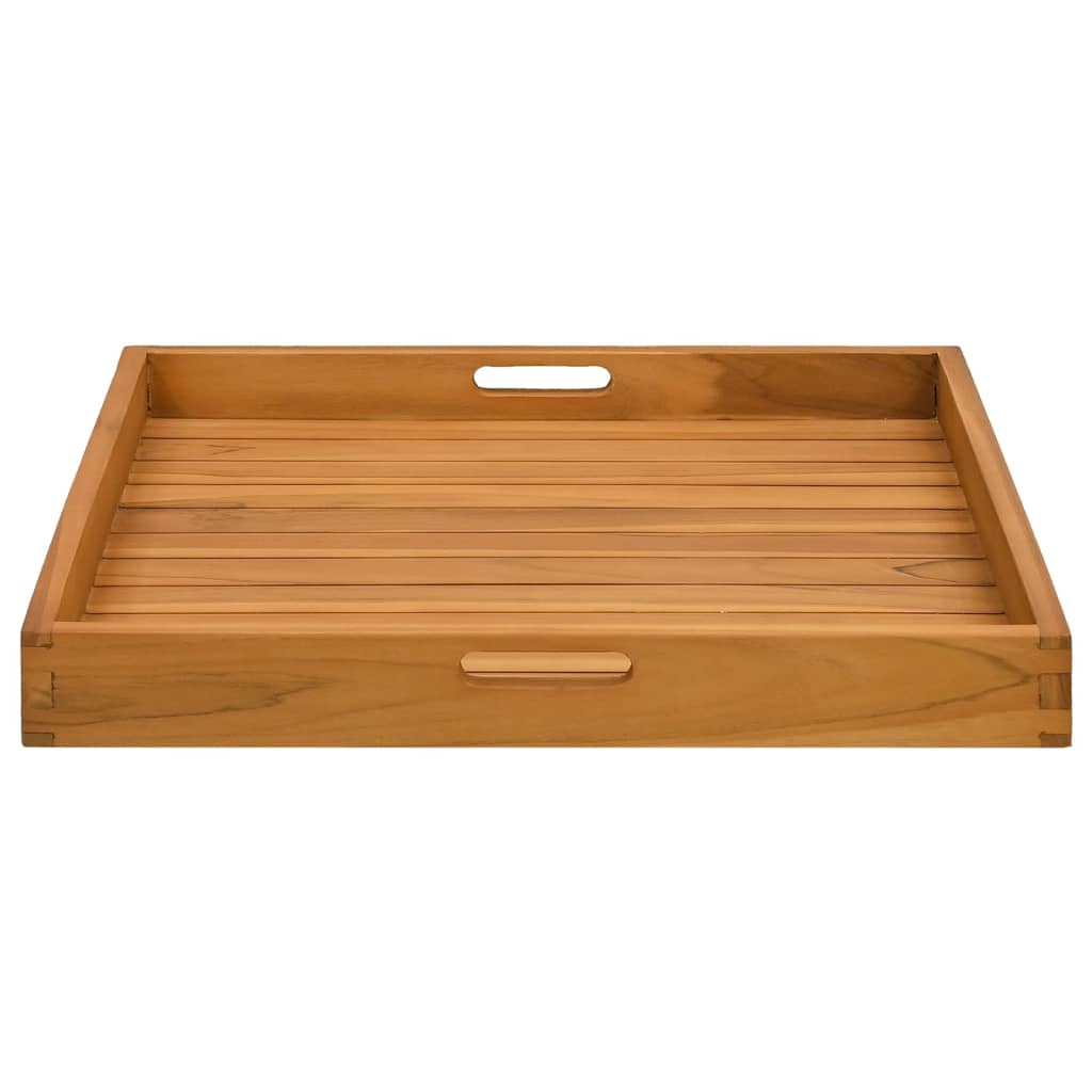 Square solid teak wood serving tray with slatted surface and cutout handles, 23.6x23.6 inches.