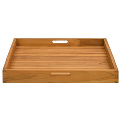 Square solid teak wood serving tray with slatted surface and cutout handles, 23.6x23.6 inches.