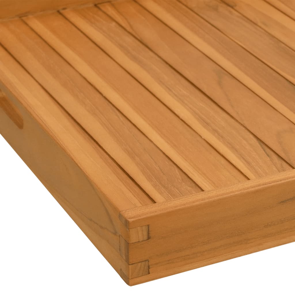 Square solid teak wood serving tray with slatted top and recessed handles, 23.6x23.6 inches.