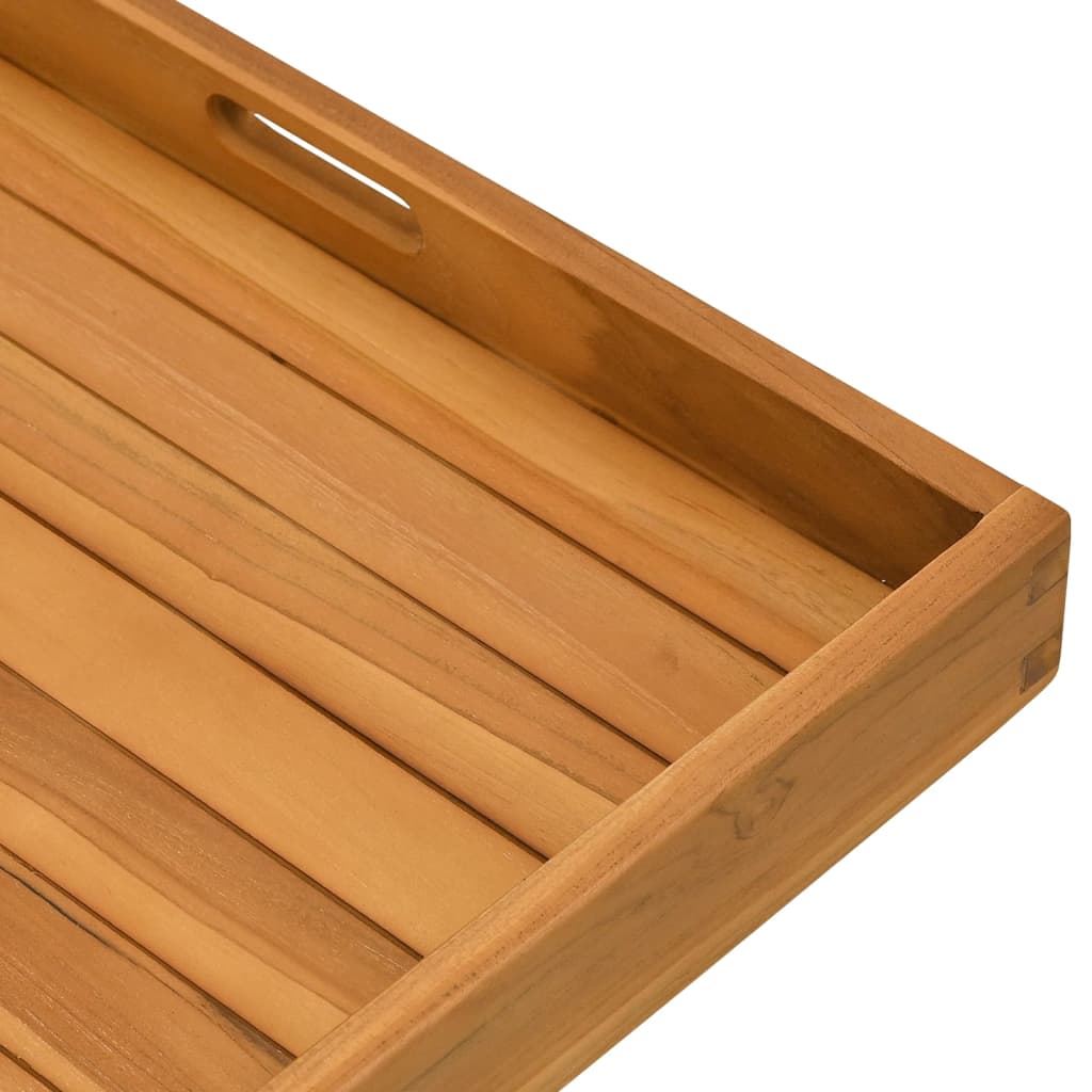 Square solid teak wood serving tray with recessed handles and raised edges, 23.6x23.6 inches.