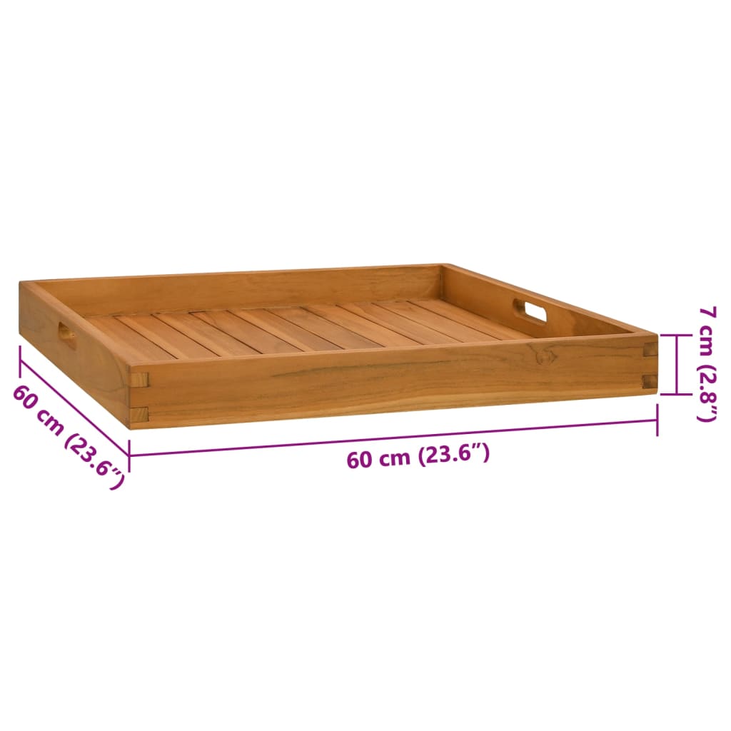Square solid teak wood serving tray, 23.6 x 23.6 x 2.8 inches, with slatted surface and cutout handles.