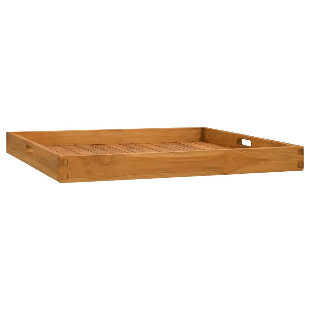 Square solid teak wood serving tray, 27.6x27.6 inches, with recessed handles and raised edges.