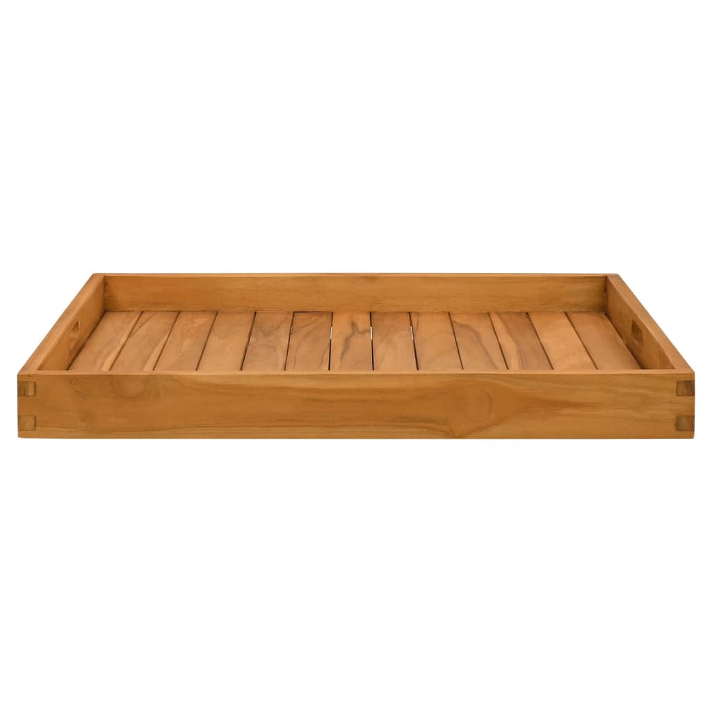 Square solid teak wood serving tray measuring 27.6 by 27.6 inches with raised edges and recessed handles.