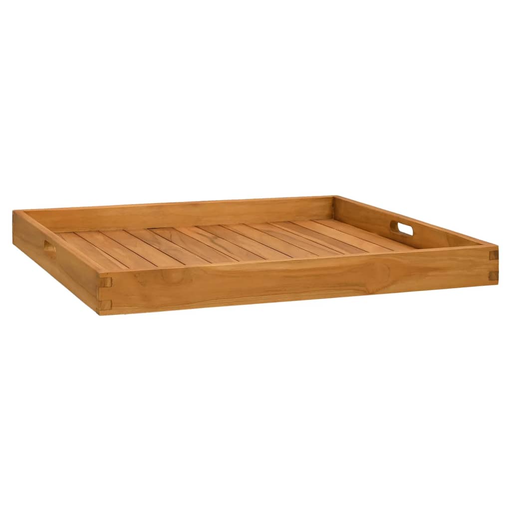 Square solid teak wood serving tray with slatted surface and recessed handles, 27.6x27.6 inches.