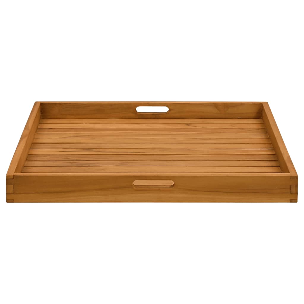 Square solid teak wood serving tray with slatted surface and cutout handles, 27.6x27.6 inches.
