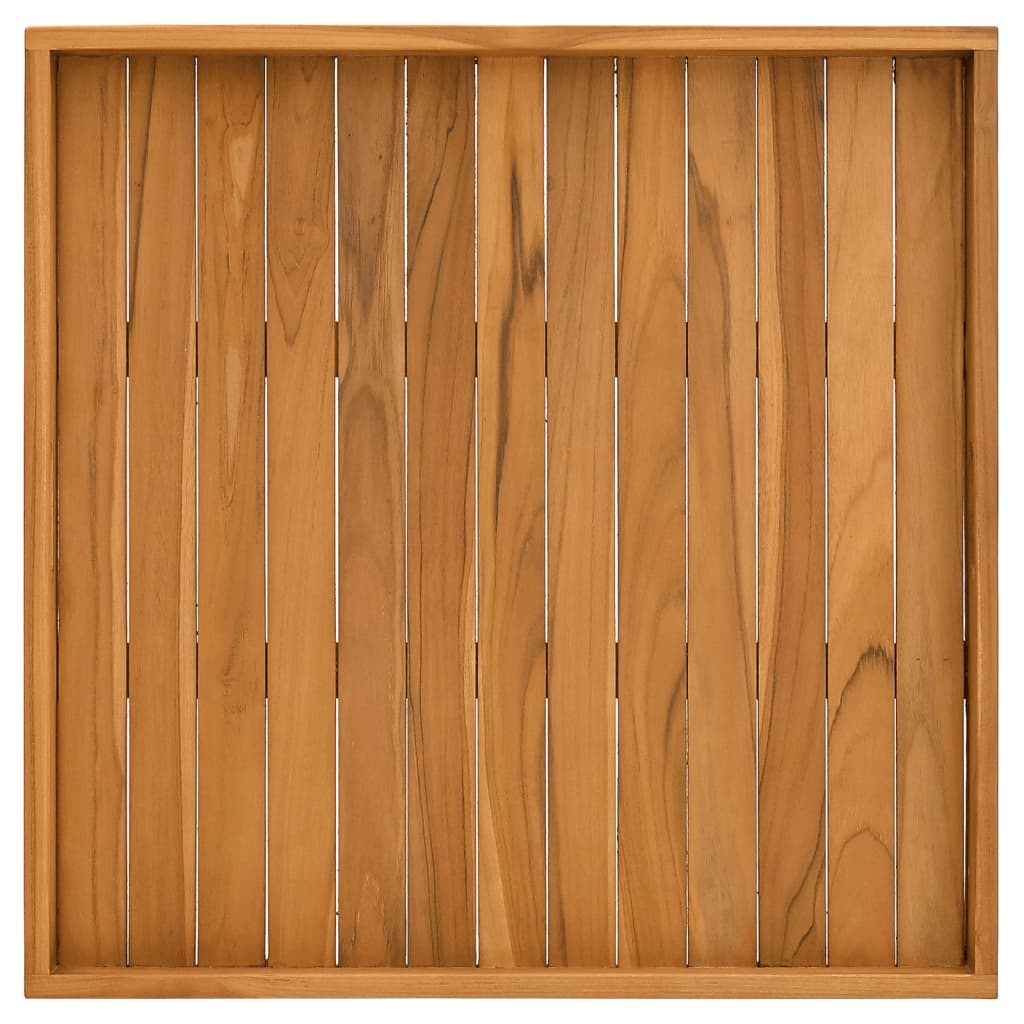 Square solid teak wood serving tray with slatted surface and raised edges, 27.6x27.6 inches.