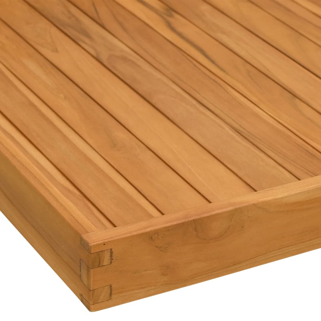 Square 27.6x27.6-inch solid teak wood serving tray with raised edges and recessed handles.