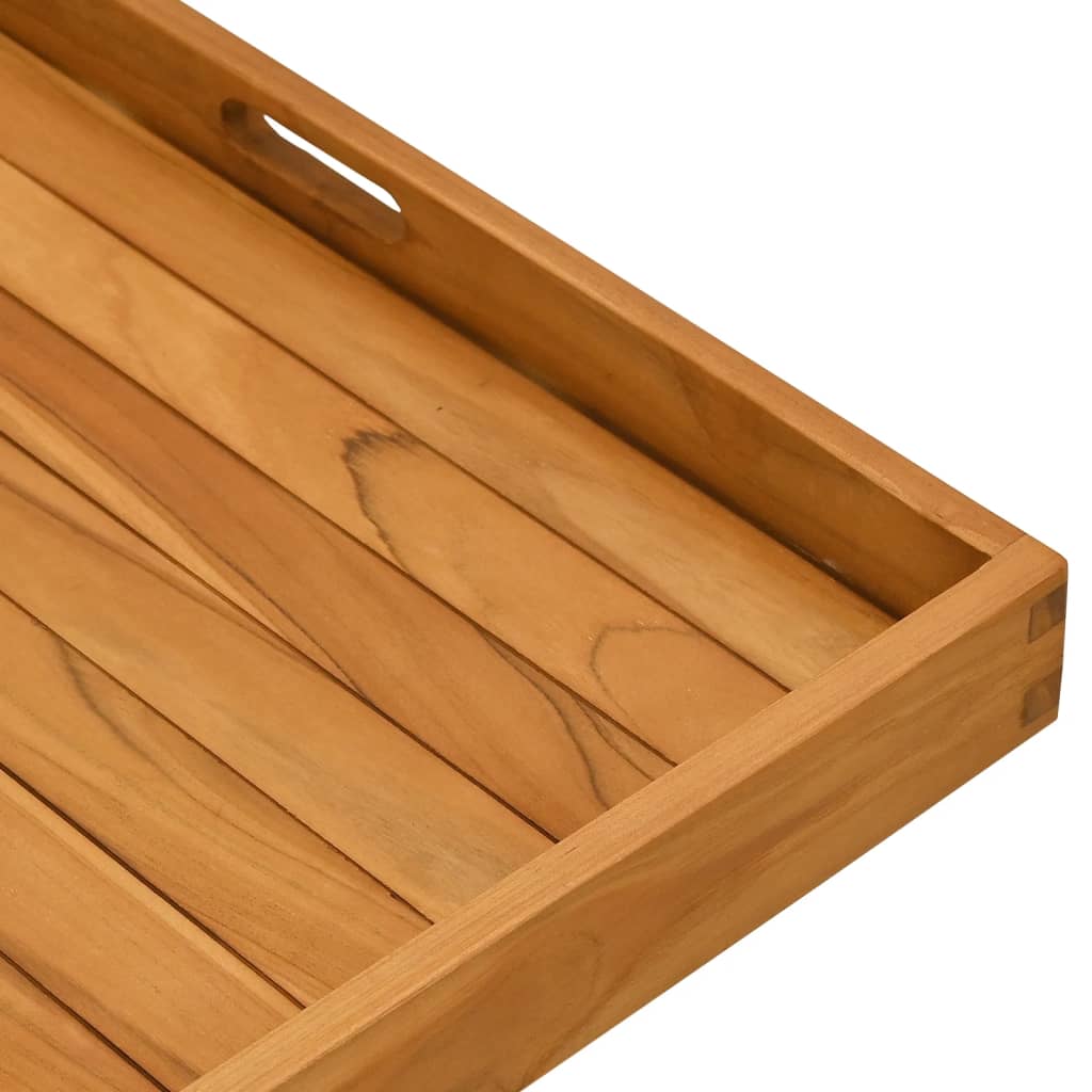 Square solid teak wood serving tray with recessed handles and raised edges, 27.6x27.6 inches.