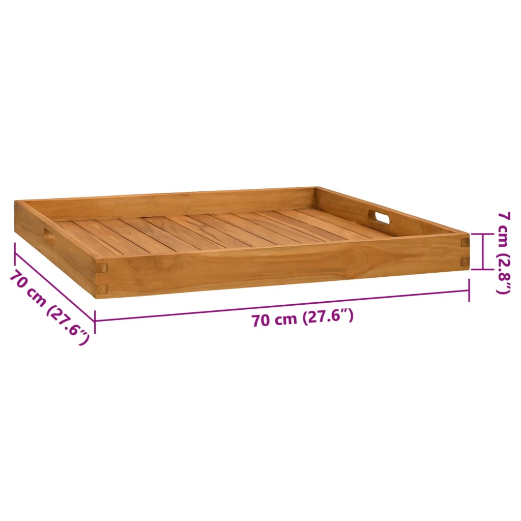 Square solid teak wood serving tray, 27.6 x 27.6 inches, with slatted surface and recessed handles.