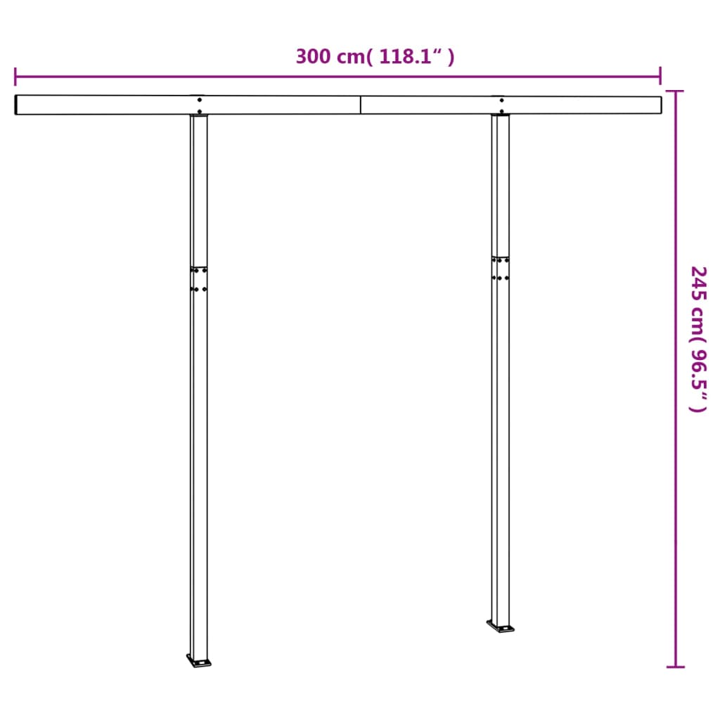 White iron awning post set with 118.1 by 96.5 inch dimensions shown in diagram.