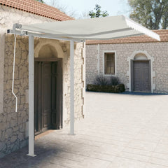 White iron awning post set with two uprights, measuring 118.1 by 96.5 inches, installed on a stone patio.