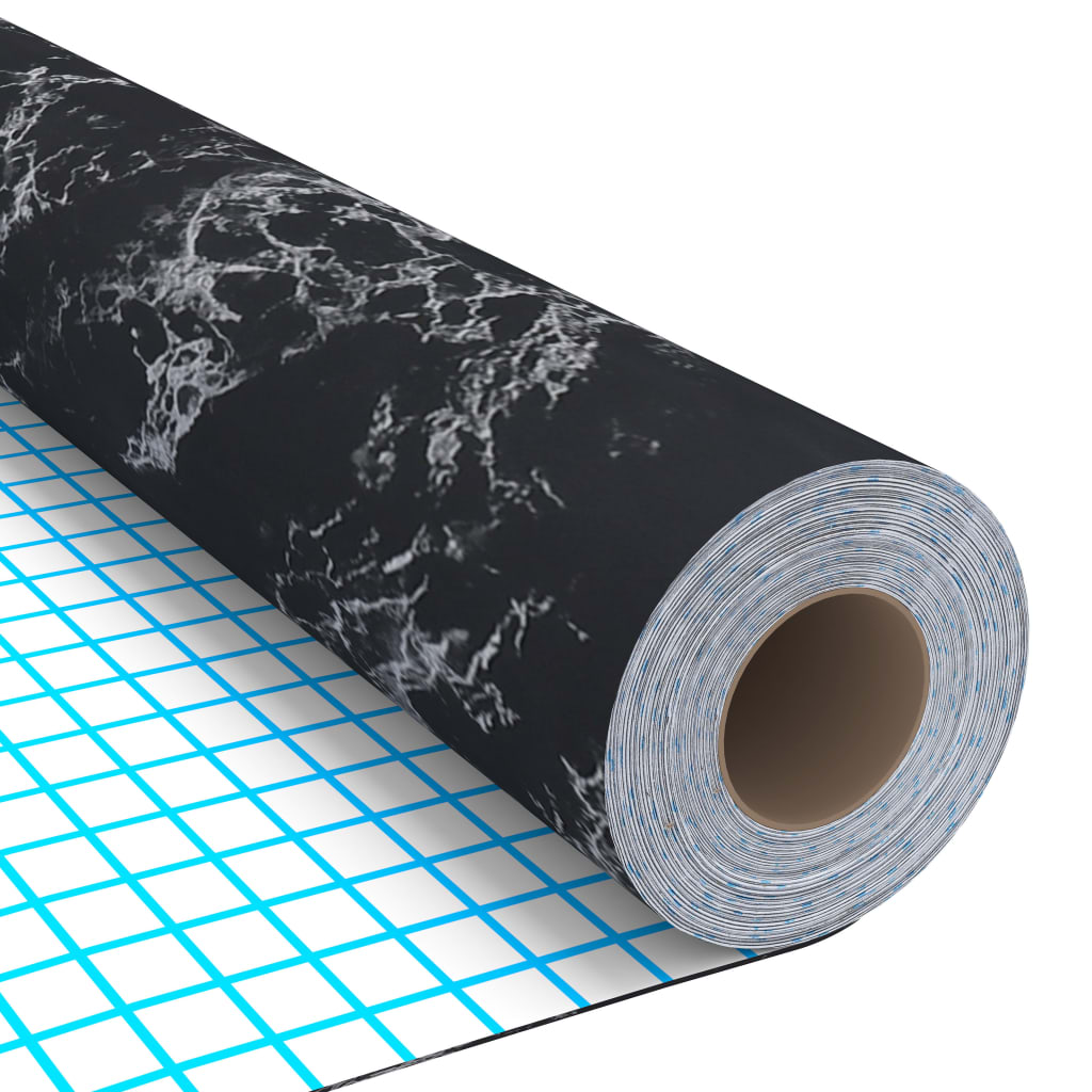 Rolled self-adhesive black stone PVC furniture film, 196.9x35.4in, on grid background.
