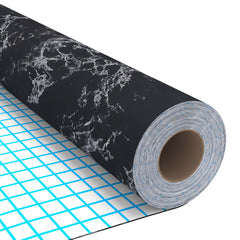 Rolled self-adhesive black stone PVC furniture film, 196.9x35.4in, on grid background.