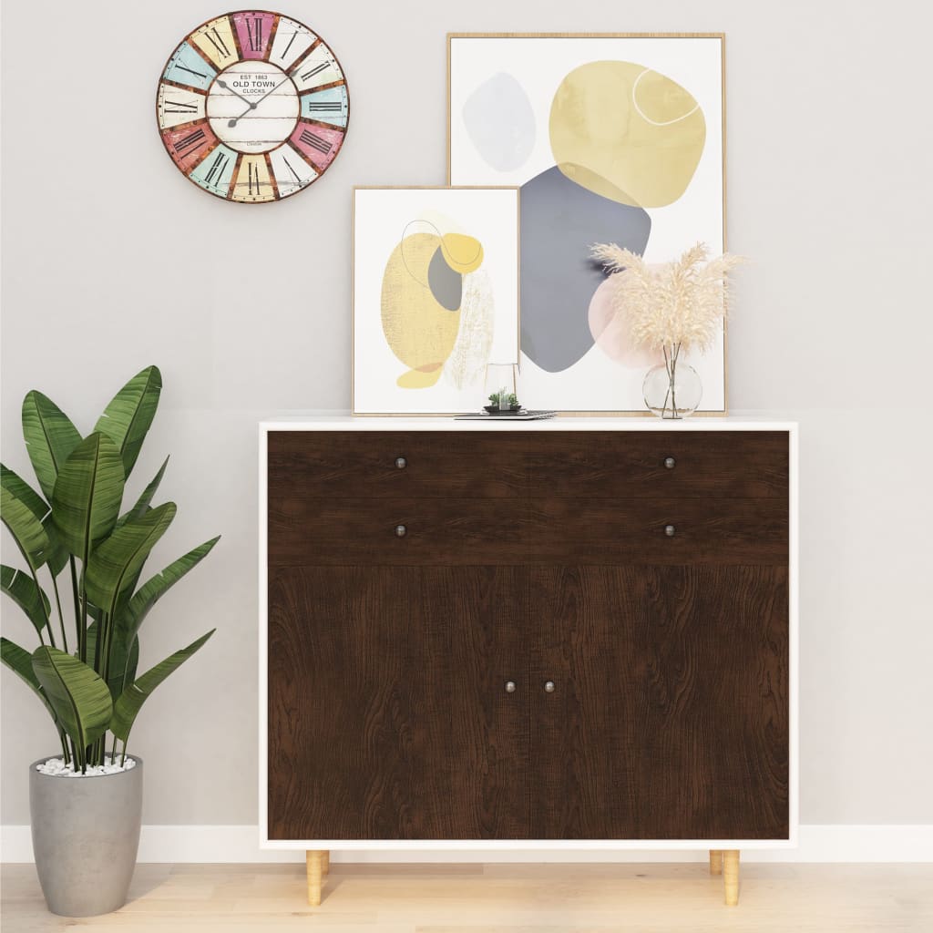 Two sheets of self-adhesive dark oak PVC furniture film, each 196.9 by 35.4 inches, shown applied to a wooden cabinet.