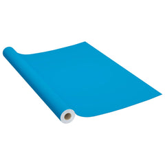 A roll of azure blue self-adhesive PVC film for furniture, shown partially unrolled.