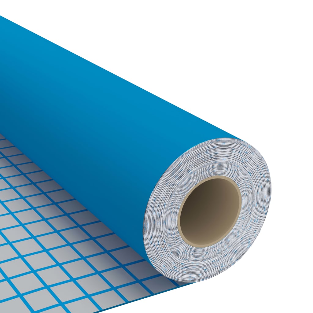 Roll of azure blue self-adhesive PVC film for furniture, smooth and moisture-resistant surface.