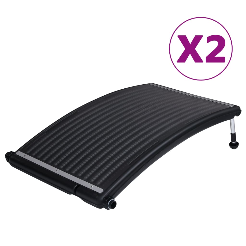 Two black curved solar pool heating panels with adjustable legs.