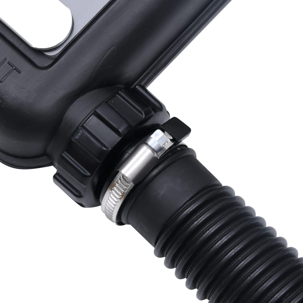 Close-up of black curved solar pool heating panel with hose clamp and connector.