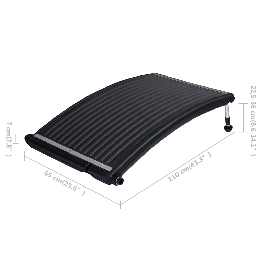 Two black curved solar pool heating panels, each 43.3 by 25.6 inches, with adjustable legs and dimensions shown.