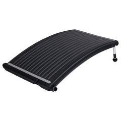 Two black curved solar pool heating panels, each 43.3 by 25.6 inches, with adjustable legs and connectors.