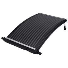 Two black curved solar pool heating panels, each 43.3 by 25.6 inches, with adjustable legs and hose connectors.